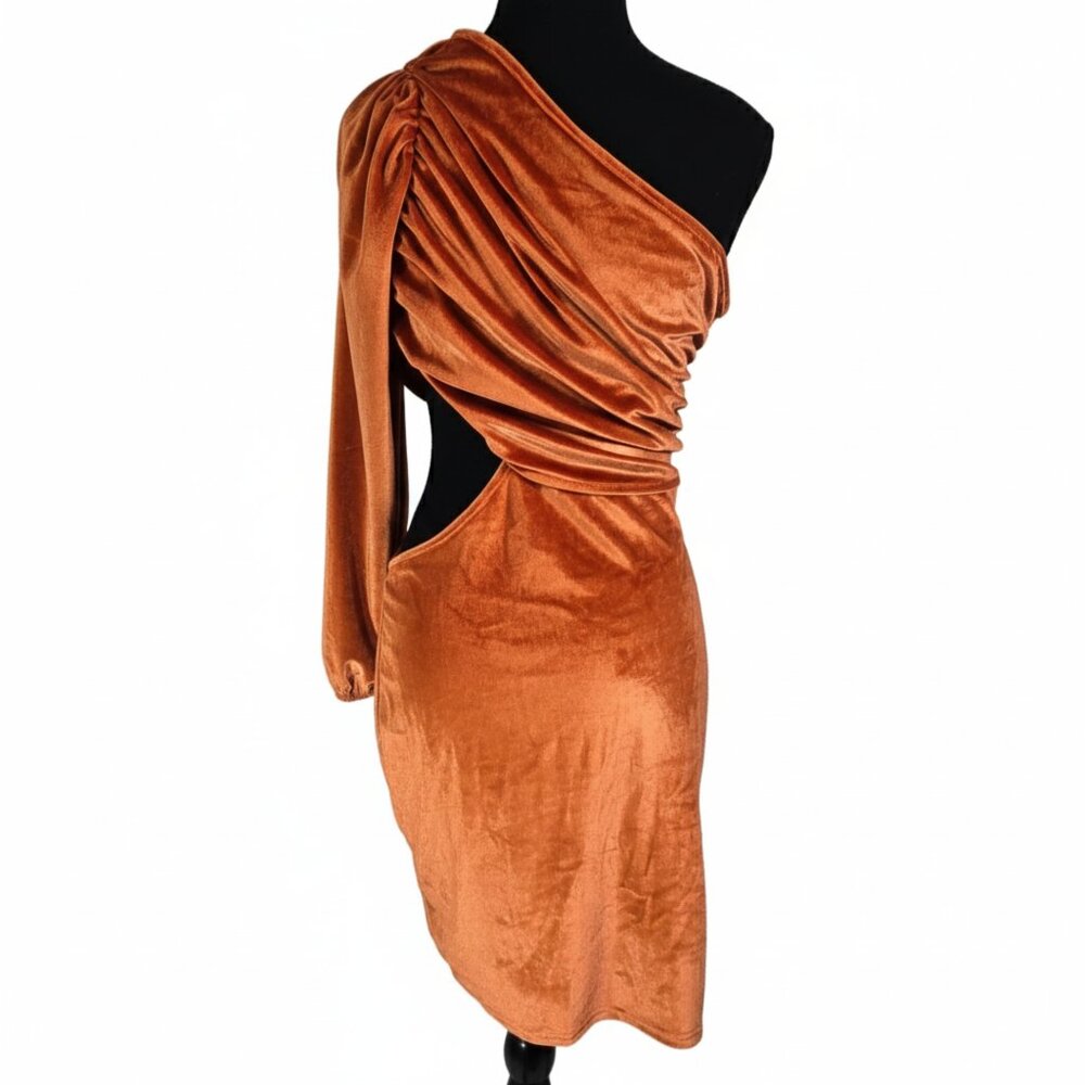 New Orange Rust Velvet One Shoulder Cutout Mini Dress Ruched Bodycon | Large - Picture 4 of 9